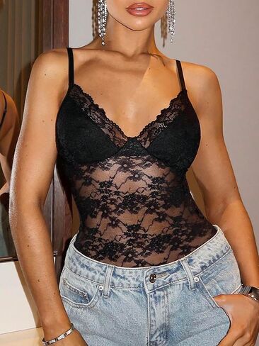 WDIRARA Women's Lace Bodysuit Floral Sexy Sheer Mesh V Neck Sleeveless Tank Bodysuit for Going Out Party Club in Saudi Arabia