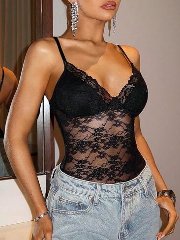 WDIRARA Women's Lace Bodysuit Floral Sexy Sheer Mesh V Neck Sleeveless Tank Bodysuit for Going Out Party Club in Saudi Arabia