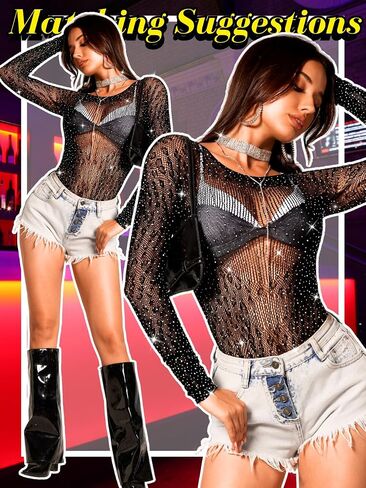 Glitter Rhinestone Bodysuit, Sheer Leopard Top, Rave Festival Outfits, Cheetah Mesh Fishnet Women Sparkly Lace in Saudi Arabia