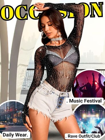 Glitter Rhinestone Bodysuit, Sheer Leopard Top, Rave Festival Outfits, Cheetah Mesh Fishnet Women Sparkly Lace in Saudi Arabia