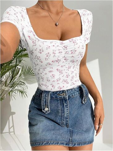 COZYEASE Women's One Piece Graphic Floral Print Bodysuit Fitted Short Sleeve Squared Neck Body Suit in Saudi Arabia
