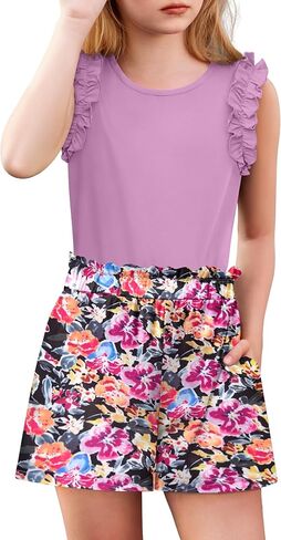 Arshiner Girls Summer Complets 2 قطعة من الكشكش مشذبة من الخزان بلا أكمام وسرون عالي الخصر مع مجموعات ملابس الجيوب in Saudi Arabia