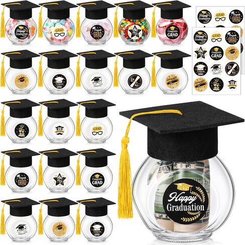 20 Sets Glass Graduation Cap Candy Jars Class of 2025 Graduation Party Decorations Candy Boxes Containers with Sticker for 2025 Grad Ceremony Party DIY Supplies(Black and Gold) in Saudi Arabia