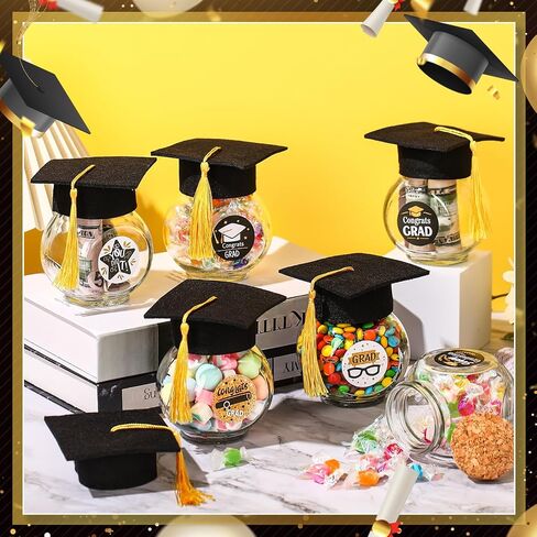 20 Sets Glass Graduation Cap Candy Jars Class of 2025 Graduation Party Decorations Candy Boxes Containers with Sticker for 2025 Grad Ceremony Party DIY Supplies(Black and Gold) in Saudi Arabia