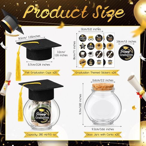 20 Sets Glass Graduation Cap Candy Jars Class of 2025 Graduation Party Decorations Candy Boxes Containers with Sticker for 2025 Grad Ceremony Party DIY Supplies(Black and Gold) in Saudi Arabia