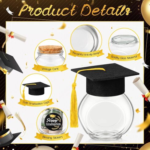 20 Sets Glass Graduation Cap Candy Jars Class of 2025 Graduation Party Decorations Candy Boxes Containers with Sticker for 2025 Grad Ceremony Party DIY Supplies(Black and Gold) in Saudi Arabia