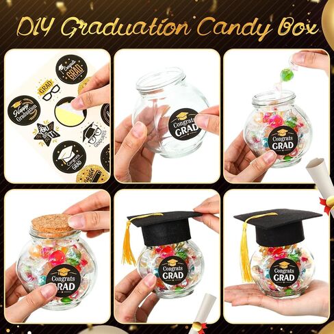 20 Sets Glass Graduation Cap Candy Jars Class of 2025 Graduation Party Decorations Candy Boxes Containers with Sticker for 2025 Grad Ceremony Party DIY Supplies(Black and Gold) in Saudi Arabia