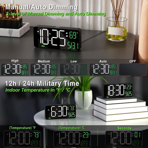 KOSUMOSU Digital Alarm Clocks for Bedrooms,6.7in Black Small Digital Clock for Bedroom, Auto Dimming,Date,Week,Seconds or Indoor Temperature,Desk Clocks for Living Room,LED Alarm Clock Calendar in Kuwait