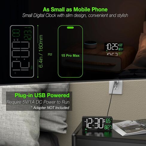 KOSUMOSU Digital Alarm Clocks for Bedrooms,6.7in Black Small Digital Clock for Bedroom, Auto Dimming,Date,Week,Seconds or Indoor Temperature,Desk Clocks for Living Room,LED Alarm Clock Calendar in Kuwait