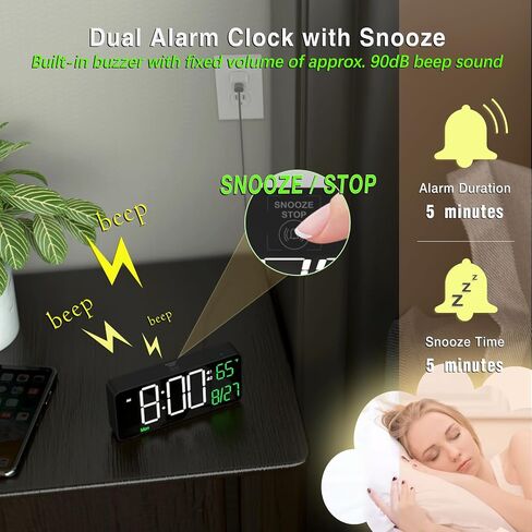 KOSUMOSU Digital Alarm Clocks for Bedrooms,6.7in Black Small Digital Clock for Bedroom, Auto Dimming,Date,Week,Seconds or Indoor Temperature,Desk Clocks for Living Room,LED Alarm Clock Calendar in Kuwait