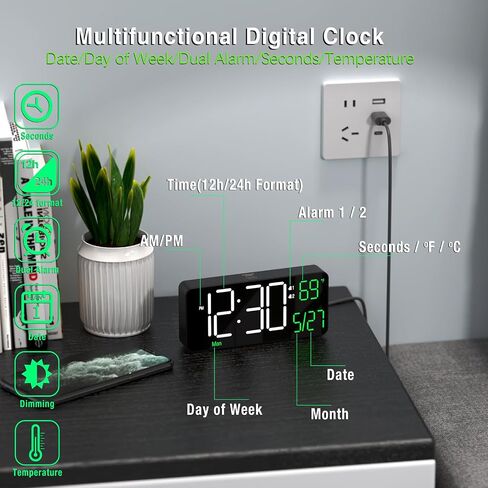 KOSUMOSU Digital Alarm Clocks for Bedrooms,6.7in Black Small Digital Clock for Bedroom, Auto Dimming,Date,Week,Seconds or Indoor Temperature,Desk Clocks for Living Room,LED Alarm Clock Calendar in Kuwait