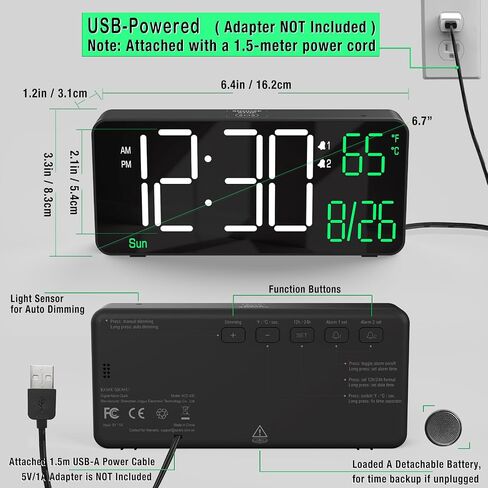 KOSUMOSU Digital Alarm Clocks for Bedrooms,6.7in Black Small Digital Clock for Bedroom, Auto Dimming,Date,Week,Seconds or Indoor Temperature,Desk Clocks for Living Room,LED Alarm Clock Calendar in Kuwait