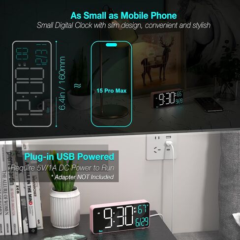 KOSUMOSU Digital Alarm Clocks for Bedrooms,6.7in Black Small Digital Clock for Bedroom, Auto Dimming,Date,Week,Seconds or Indoor Temperature,Desk Clocks for Living Room,LED Alarm Clock Calendar in Kuwait