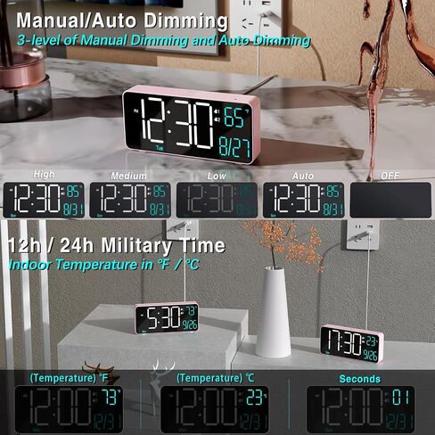 KOSUMOSU Digital Alarm Clocks for Bedrooms,6.7in Black Small Digital Clock for Bedroom, Auto Dimming,Date,Week,Seconds or Indoor Temperature,Desk Clocks for Living Room,LED Alarm Clock Calendar in Kuwait