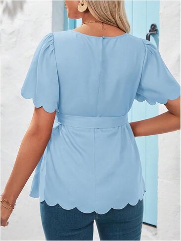 MakeMeChic Women's Maternity Blouse Short Sleeve Crew Neck Scallop Trim Belted Pregnancy Tops in Saudi Arabia