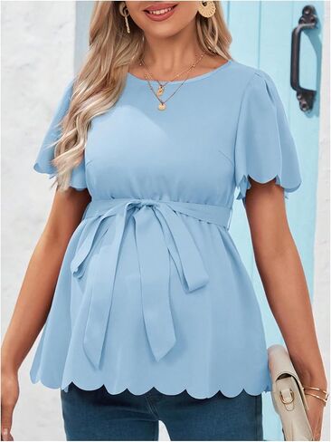 MakeMeChic Women's Maternity Blouse Short Sleeve Crew Neck Scallop Trim Belted Pregnancy Tops in Saudi Arabia