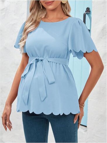 MakeMeChic Women's Maternity Blouse Short Sleeve Crew Neck Scallop Trim Belted Pregnancy Tops in Saudi Arabia