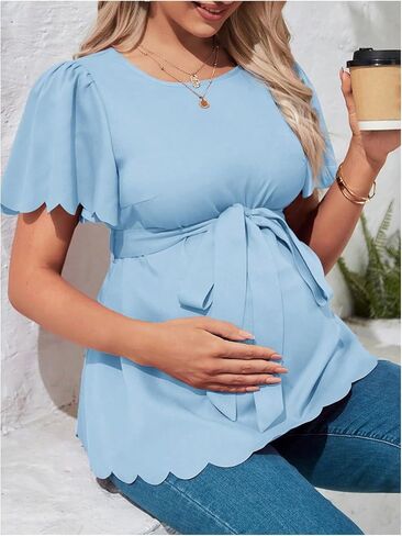 MakeMeChic Women's Maternity Blouse Short Sleeve Crew Neck Scallop Trim Belted Pregnancy Tops in Saudi Arabia