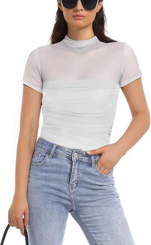 Women Short Sleeve Shirts Sheer Mesh Bodysuit Mock Turtle Neck Trendy Sexy Ruched Going Out Fishnet Bodysuits Tops in Saudi Arabia