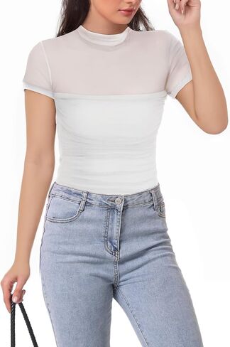 Women Short Sleeve Shirts Sheer Mesh Bodysuit Mock Turtle Neck Trendy Sexy Ruched Going Out Fishnet Bodysuits Tops in Saudi Arabia