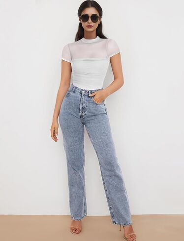 Women Short Sleeve Shirts Sheer Mesh Bodysuit Mock Turtle Neck Trendy Sexy Ruched Going Out Fishnet Bodysuits Tops in Saudi Arabia