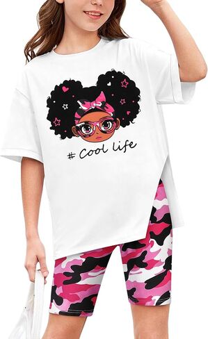 Girls Clothes 2 Piece Summer Outfits Casual Cute Graphic T-Shirt and Camouflage Biker Shorts Clothing Set 7-14T in Saudi Arabia