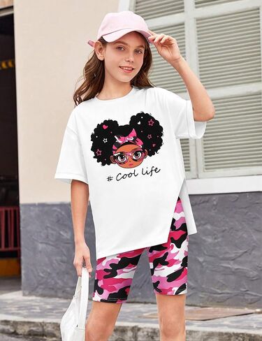 Girls Clothes 2 Piece Summer Outfits Casual Cute Graphic T-Shirt and Camouflage Biker Shorts Clothing Set 7-14T in Saudi Arabia