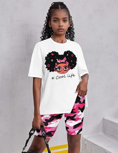 Girls Clothes 2 Piece Summer Outfits Casual Cute Graphic T-Shirt and Camouflage Biker Shorts Clothing Set 7-14T in Saudi Arabia