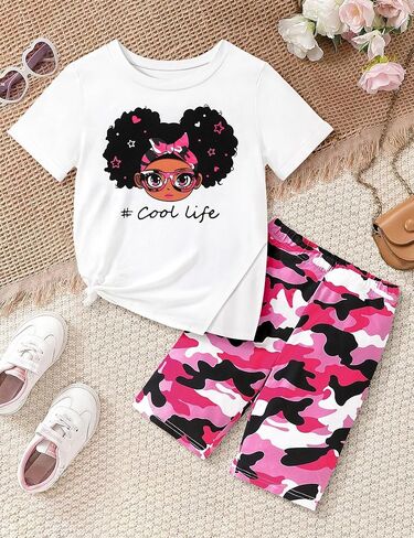 Girls Clothes 2 Piece Summer Outfits Casual Cute Graphic T-Shirt and Camouflage Biker Shorts Clothing Set 7-14T in Saudi Arabia