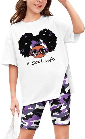Girls Clothes 2 Piece Summer Outfits Casual Cute Graphic T-Shirt and Camouflage Biker Shorts Clothing Set 7-14T in Saudi Arabia
