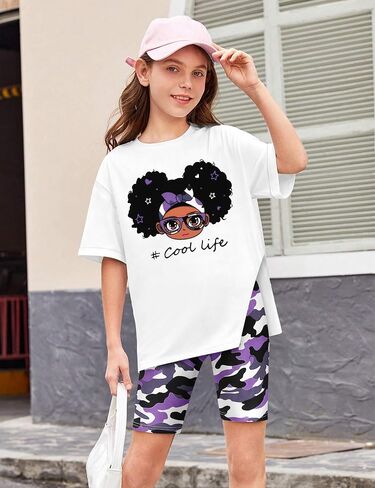 Girls Clothes 2 Piece Summer Outfits Casual Cute Graphic T-Shirt and Camouflage Biker Shorts Clothing Set 7-14T in Saudi Arabia