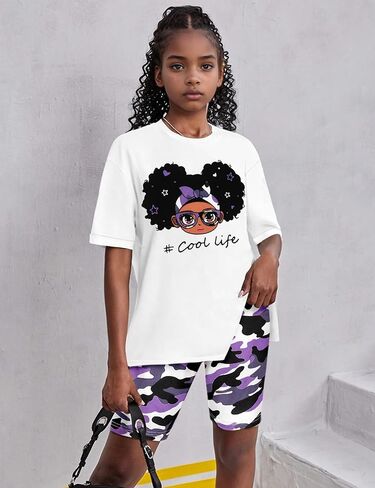 Girls Clothes 2 Piece Summer Outfits Casual Cute Graphic T-Shirt and Camouflage Biker Shorts Clothing Set 7-14T in Saudi Arabia