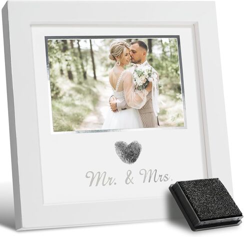 Heart Thumbprint Wedding Picture Frame with Ink Kit, Engagement Gifts for Couples Keepsake Wedding Registry Search Personalized Bridal Shower Gifts for Mr And Mrs Newlywed (White) in Kuwait