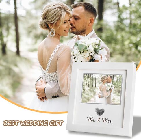 Heart Thumbprint Wedding Picture Frame with Ink Kit, Engagement Gifts for Couples Keepsake Wedding Registry Search Personalized Bridal Shower Gifts for Mr And Mrs Newlywed (White) in Kuwait