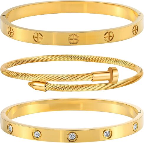 Gold Bracelets for Women - Crystal Stackable Bangles with Friendship & Love Theme - Stainless Steel Jewelry, Ideal Birthday Gift in Saudi Arabia