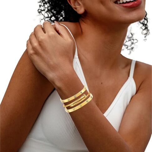 Gold Bracelets for Women - Crystal Stackable Bangles with Friendship & Love Theme - Stainless Steel Jewelry, Ideal Birthday Gift in Saudi Arabia