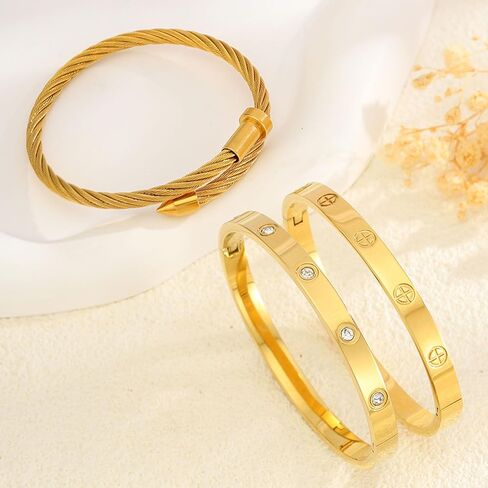 Gold Bracelets for Women - Crystal Stackable Bangles with Friendship & Love Theme - Stainless Steel Jewelry, Ideal Birthday Gift in Saudi Arabia