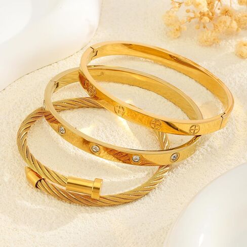 Gold Bracelets for Women - Crystal Stackable Bangles with Friendship & Love Theme - Stainless Steel Jewelry, Ideal Birthday Gift in Saudi Arabia