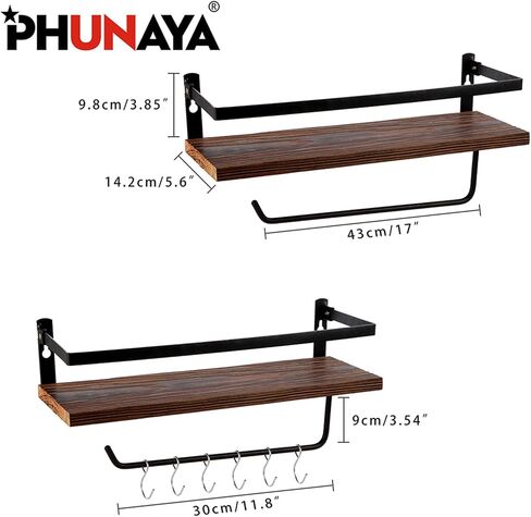 Floating Shelves,Wall Mounted Shelf for Kitchen,Living Room,Bedroom,Bathroom Storage,Rustic Wood,Set of 2(Carbonized Black) in Kuwait