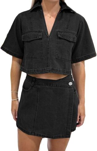 Women's Denim 2 Piece Outfits Summer Lapel V Neck Jean Tops and Asymmetrical Shorts Set with Pockets Y2k Streetwear in Kuwait