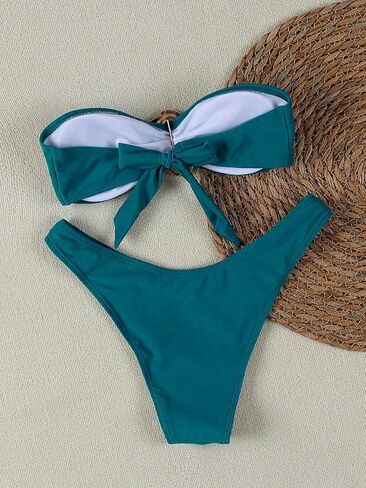 Women's Bandeau Swimsuits Strapless Tie Back Bikini Sets High Cut Cheeky 2 Piece Bathing Suit Swimwear in Kuwait
