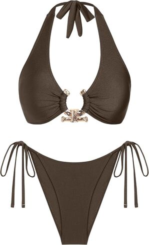 seamoly Bikini Sets for Women Metal Ring Shiny Two Piece Swimsuit Halter High Cut Tie Side Thong Bathing Suit Sexy Swimwear in Saudi Arabia