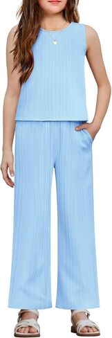 Arshiner Girls Clothing Set Casual Clothes Sleeveless Back Tank Crop Top and Wide-Leg Pants with Pocket 2 Piece Outfits 5-13Y in Saudi Arabia