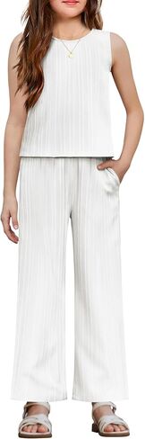 Arshiner Girls Clothing Set Casual Clothes Sleeveless Back Tank Crop Top and Wide-Leg Pants with Pocket 2 Piece Outfits 5-13Y in Saudi Arabia