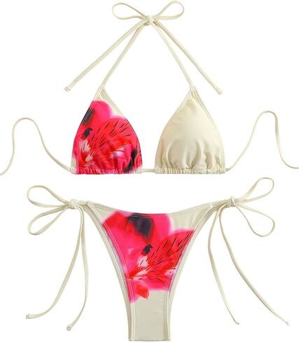 SEGT Women's 2 Piece Floral Print Halter Neck Tie Bikini Set Triangle String Thong Swimsuit Summer Bathing Suits for Women in Kuwait