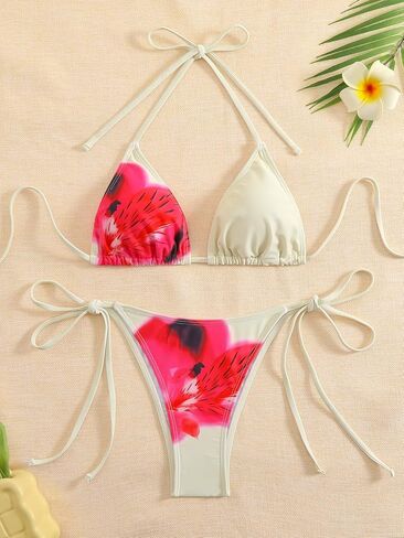 SEGT Women's 2 Piece Floral Print Halter Neck Tie Bikini Set Triangle String Thong Swimsuit Summer Bathing Suits for Women in Kuwait