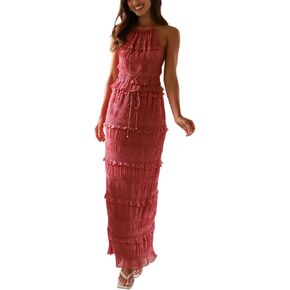 Women Maxi Skirt Set Y2k Sleeveless Backless Halter Top + Drawstring Bodycon Long Skirt Summer 2 Piece Skirt Outfits