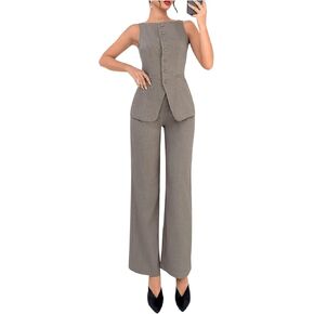 SOLY HUX Women's 2 Piece Business Casual Outfit Button Down Boat Neck Sleeveless Vest and Pants Set