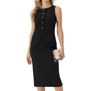 Seta T Women's Summer 2 Piece Suit Skirt Set Business Work Set Button Down Sleeveless Vest Blazer and Pencil Skirt