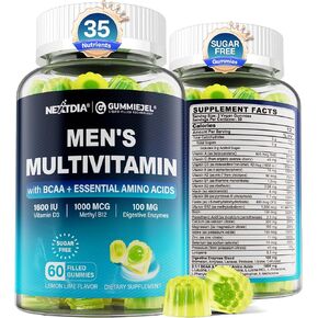 Methylated Multivitamin for Men Gummies ، أحماض الأمينية BCAA ، الزنك ، فيتامين A C D3 E K2 B6 B12 الكالسيوم ، المغنيسيوم ، اللايكوبين ، الإنزيمات الهضمية - مناعة العضلات في الطاقة - خالية من السكر ، نباتي ، 60 سنتس